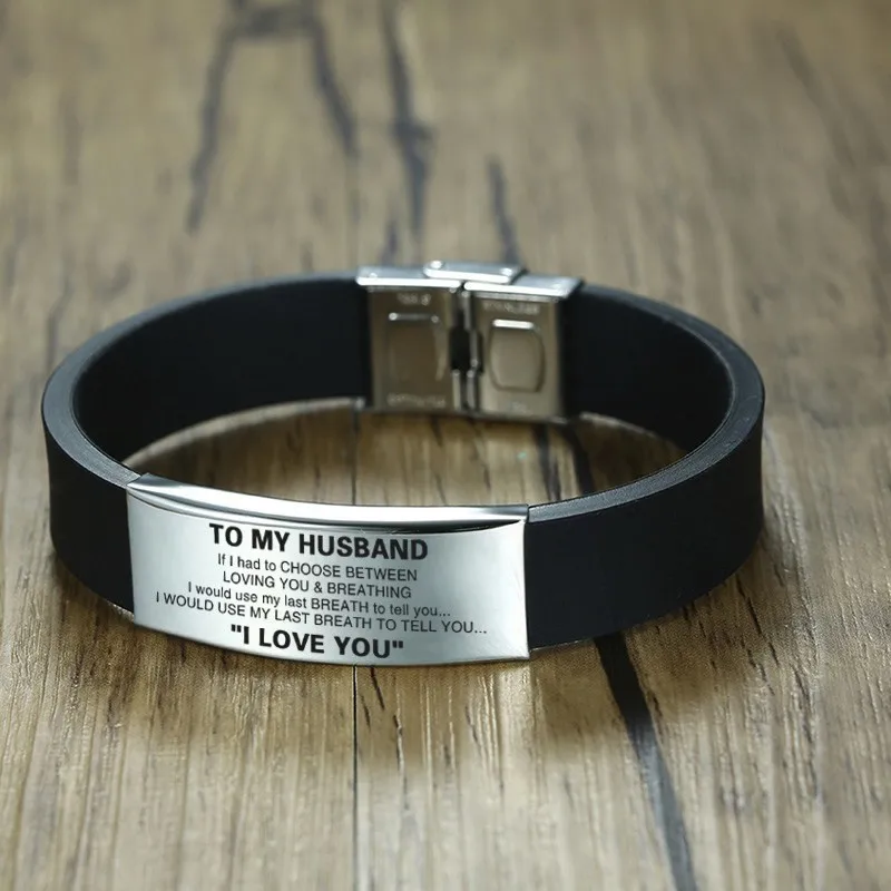 2 Vnox Custom TO HUSBAND Bracelets for Men Black Silicone Wrist Band with Stainless Steel Tag Valentine's Day Gift for Him - Metal Color: 2