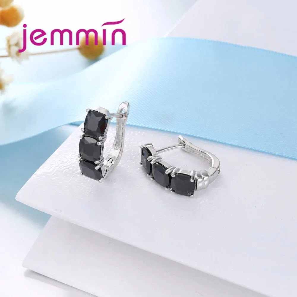 Роскошный Черный Кристалл 925 стерлингового серебра серьги кольца для женщин