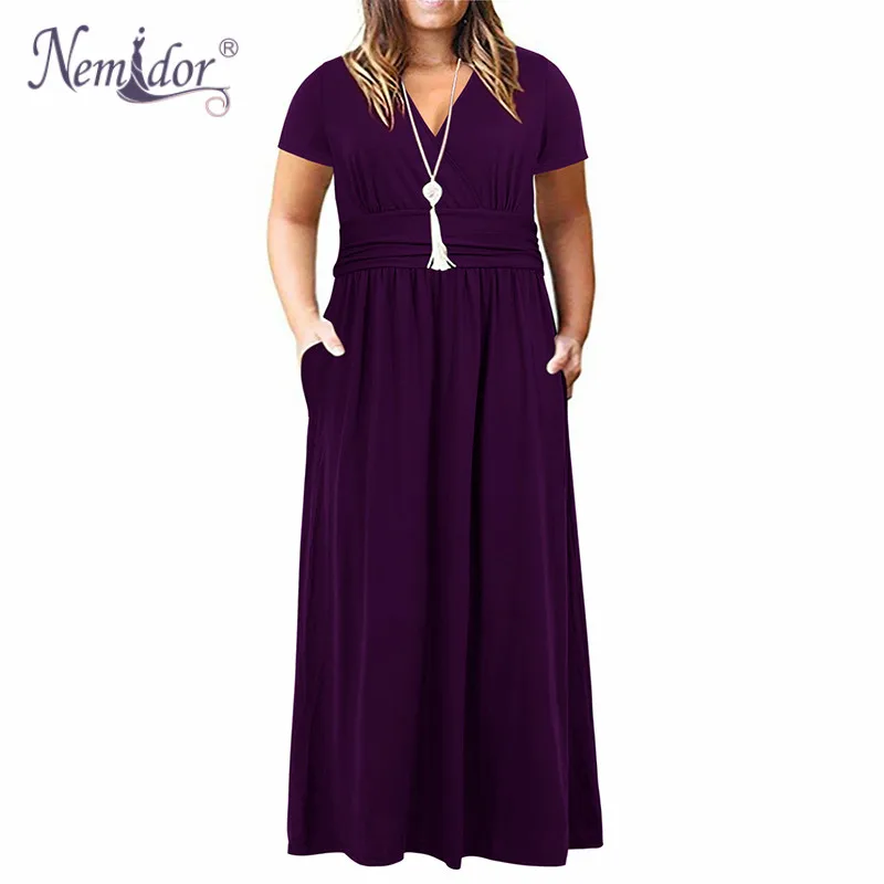 purple short Nemidor женское винтажное повседневное длинное платье с коротким рукавом и v-образным вырезом размера плюс 7XL 8XL 9XL однотонные вечерние платья макси с карманом - Цвет: purple short