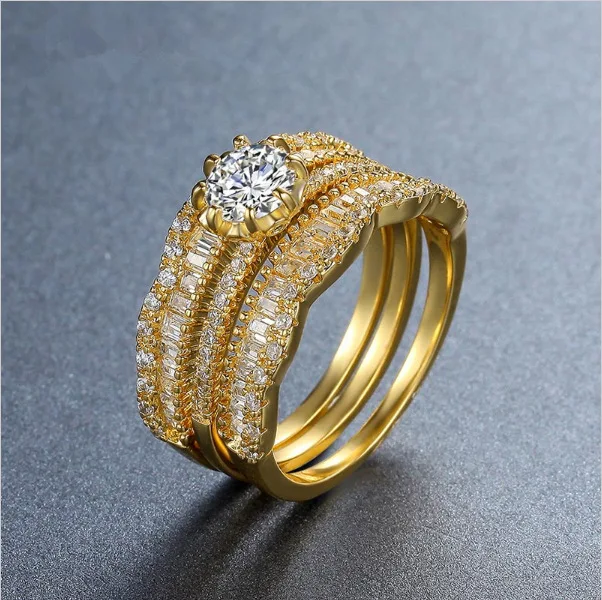 gold Кольцо с бриллиантами, золотые кольца, циркон, два цвета, сокровище, роза, золотой, нефрит, с кристаллами, 925, серебрянное покрытие, 18 К, золото, три предмета, B923 - Цвет камня: gold