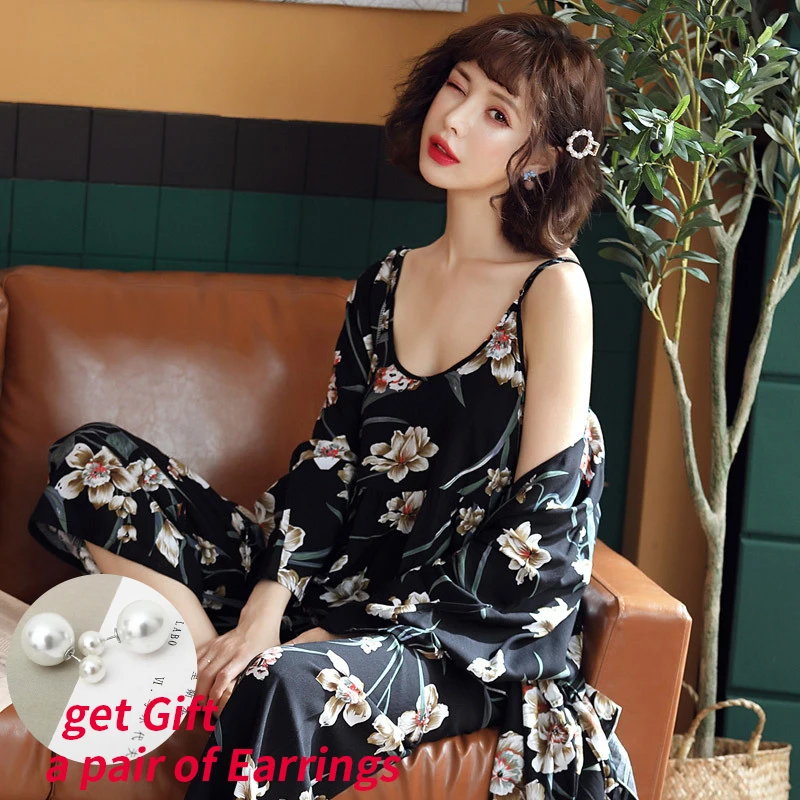 3 шт. костюм халат Цветочный Сексуальная домашняя пижама для женщин свободного