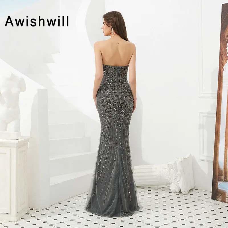 Luxury Long Prom Dress 2020 Fully Beads Grey Mermaid Formal Evening Dress With Detachable Cape Dubai Style Vestido De Festa
