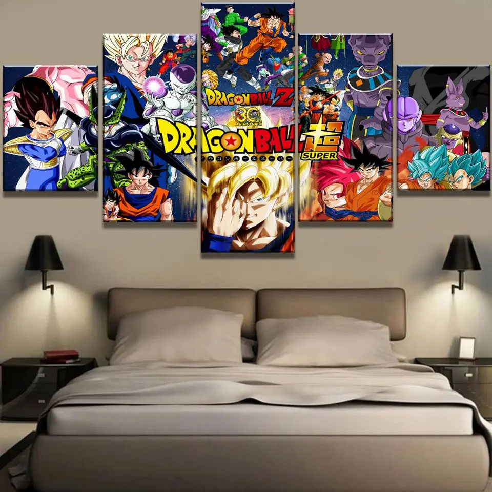 Lienzo pared arte cartel 5 piezas Dragon Ball Z Imagenes sala de estar модульный impreso dibujos animados Super Saiyan Goku pintur | Дом