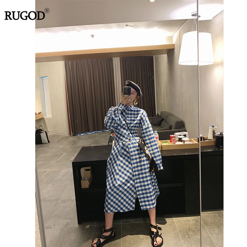 Женское клетчатое платье RUGOD Элегантное однобортное асимметричное повседневное