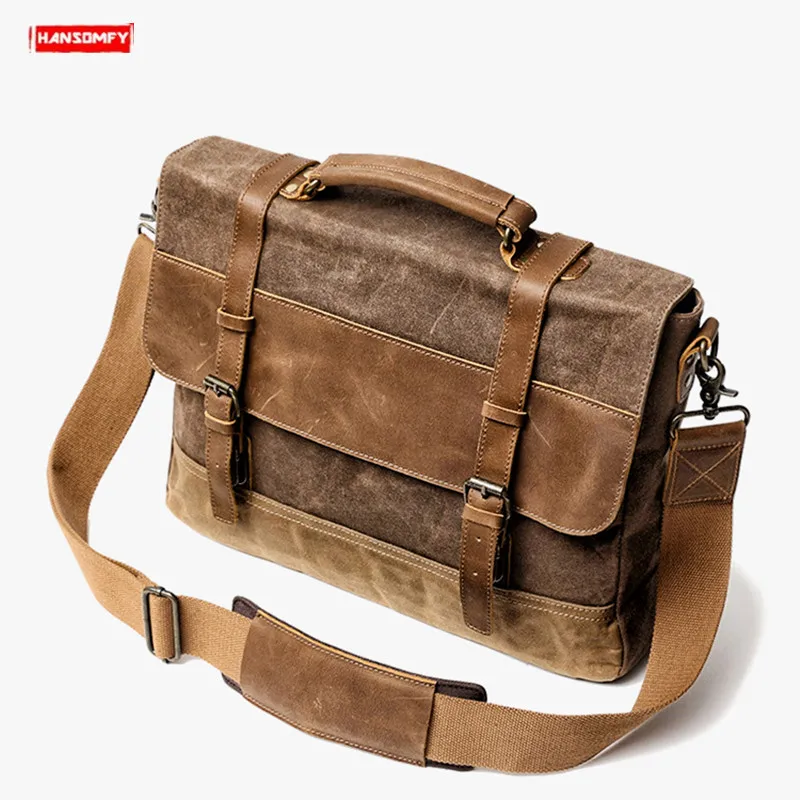 Men's Handbag Retro Business Shoulder Bag Male Slung Messenger Bag New 2022 Waterproof Oil Wax Canvas with Crazy Horse Leather