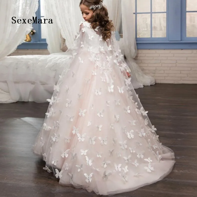 White Lace Light Pink Flower Girls Dresses For Weddings Appliques Tulle Satin with Detachable Cape Pageant | Свадьбы и торжества
