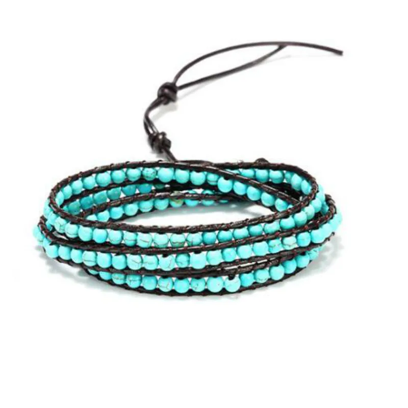 

Green Turquoises Multilayer Triple Beaded Wrap Bracelet For Men Women 6mm Wide Handmade Boho Leather Bracelets Jewelry Gifts