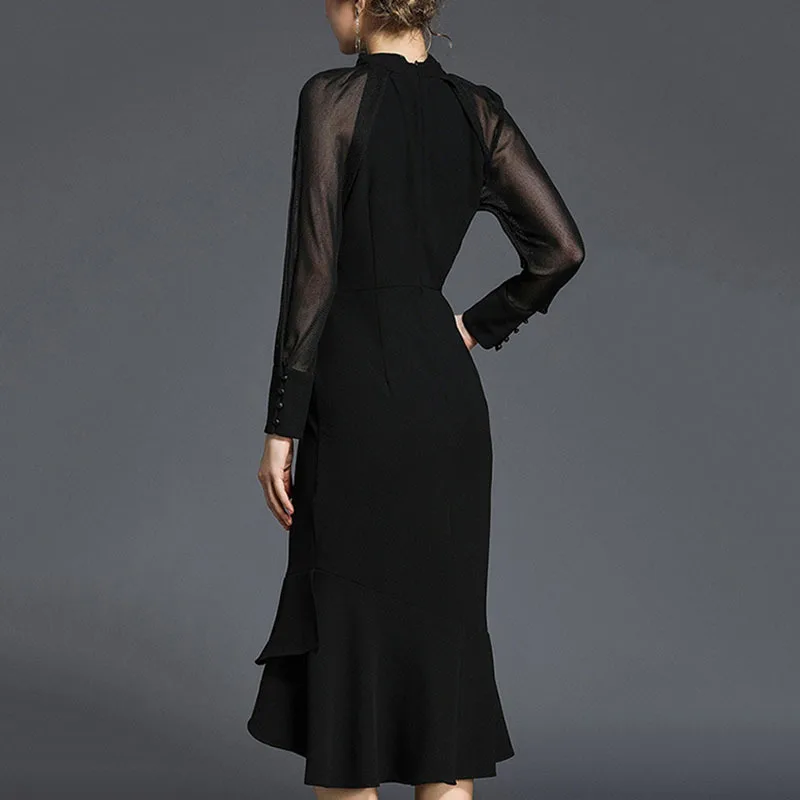 BLOOMHAWK 2018 весна новые продукты Мода темперамент длинные рукава хвост платье|dress