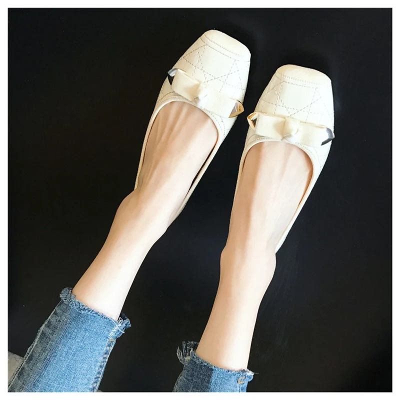 SUOJIALUN плюс Size35-40 Женская обувь на плоской подошве Осенняя женская обувь слипоны лоферы с квадратным носом Бабочка-узел балетки на плоской подошве женская обувь