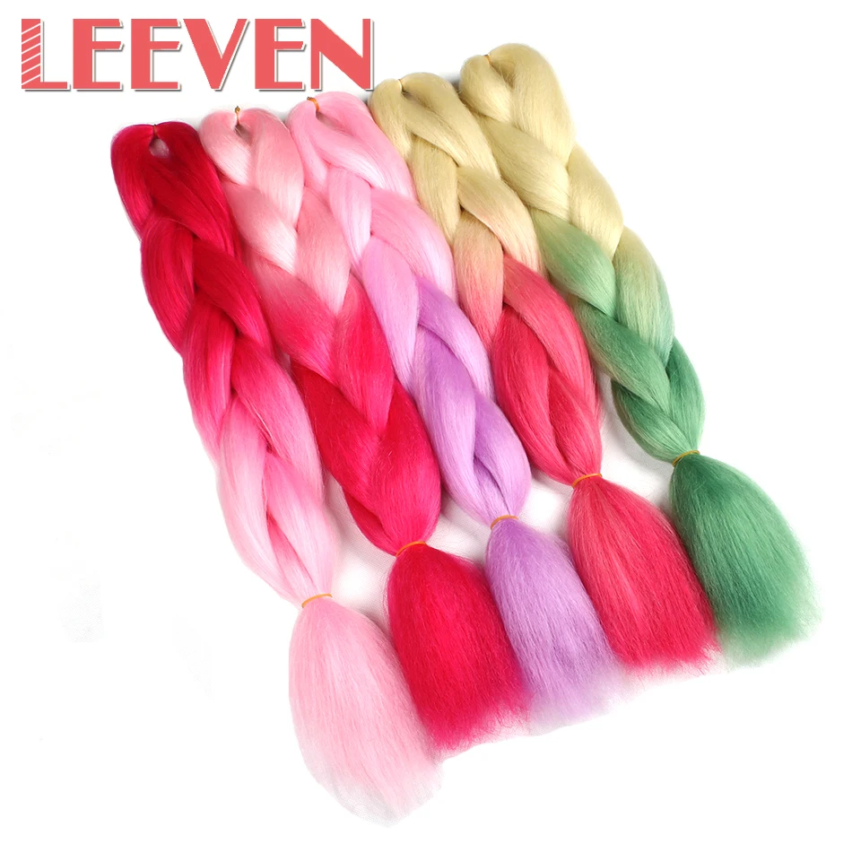 Leeven 100g 24'' Jumbo Braids kanekalon synthetic ombre braiding hair Burgundy Blue Pink xpressions crochet extension 1PCS |