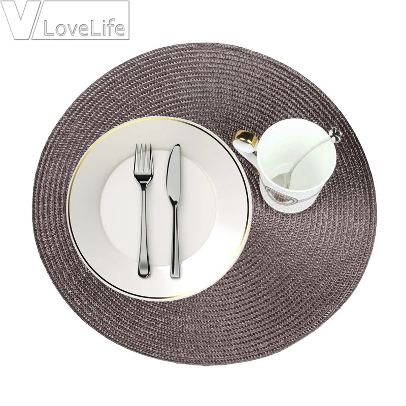 Table Round Placemat Weave PP Dining Napkin Mats Bowl Pad Hotel Cutlery Table Decoration Tray Mat Braided Style Placemat - Color: Chocolate