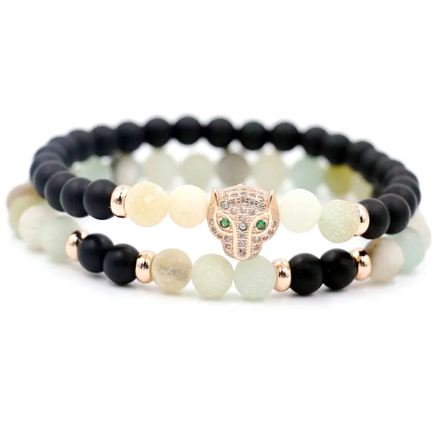 2pcs/set 6MM Amazonite Beaded Bracelet Men Women Love Micro Zircon Leopard Animal Reiki Bracelets For Couples Lucky Jewelry | Украшения и