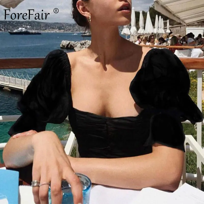 Forefair Винтаж с короткими рукавами, шифоновая блузка с короткими рукавами Блузка Для женщин цвета: белый и чёрный; квадратный вырез 3/4 рукава с низким вырезом на спине, с рюшами, платье-туника дамы летние топы для девочек