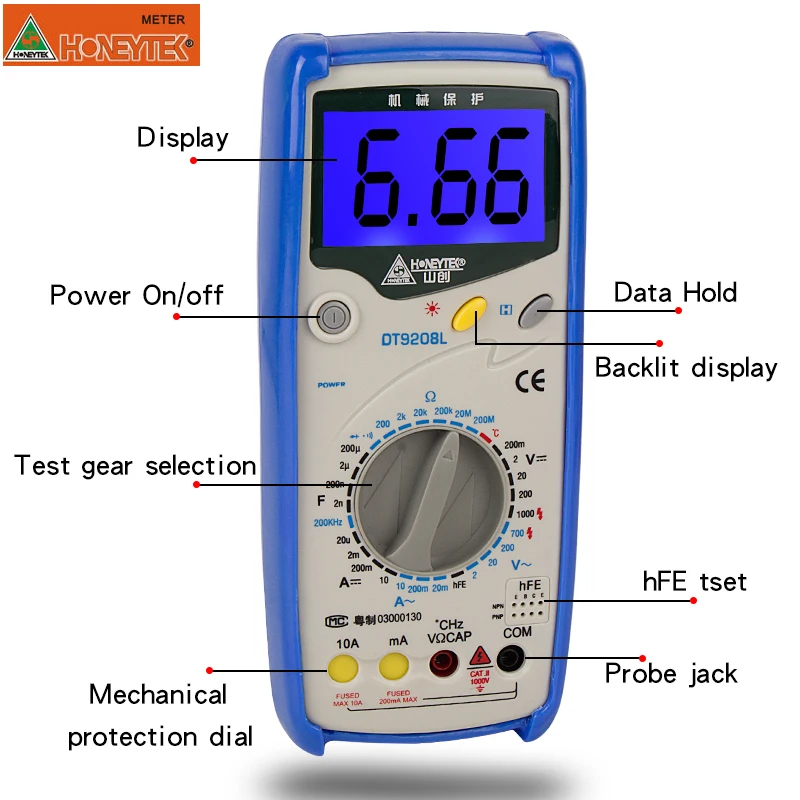 HONEYTEK DT9208 мультиметр Цифровой Профессиональный конденсатор Тестер AC/DC Напряжение Ток тестер Цифровой мультиметр температура