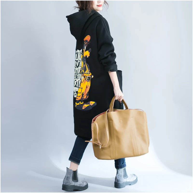 Женская Черная флисовая куртка с капюшоном размера плюс, новинка, Осень-зима, Kawaii, уплотненная длинная куртка с капюшоном, толстовки с мультяшным принтом, 4XL 5XL