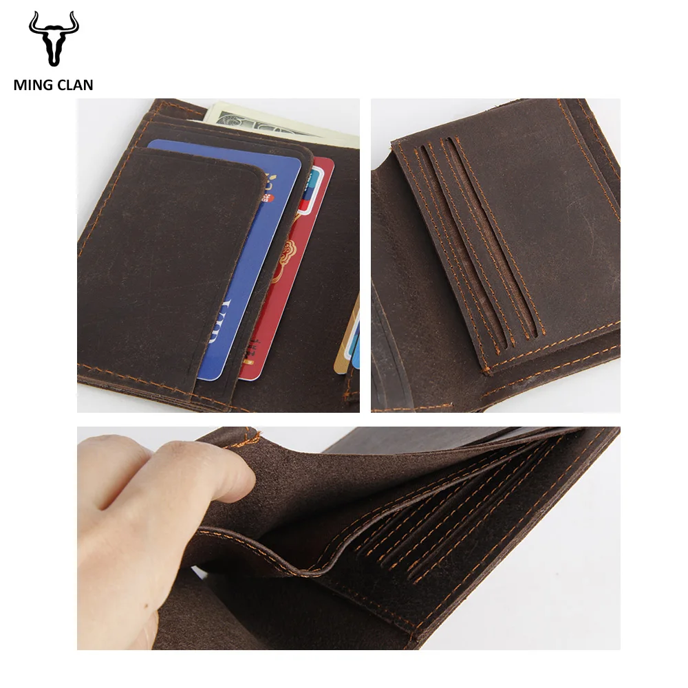

Mingclan Crazy Horse Men Wallets Genuine Leather Male Purse Porte Carte Card Holder Slim Wallet Clutch Short Travel Pocket Bag