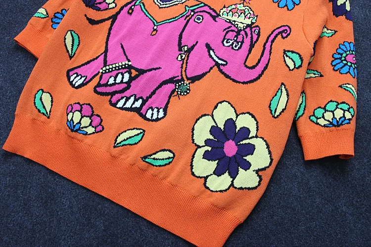 Free Shipping 2017 Yellow Half Sleeves Women's Pullovers Summer Elephant Florals Jacquard Runway Sweaters S005 | Женская одежда