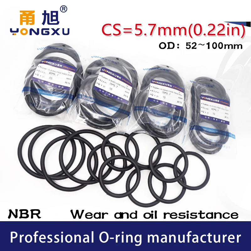 

10PCS/Lot Black NBR Sealing O-Ring CS5.7mm OD52/55/60/65/70/75/80/85/90/95/100*5.7mm Seal Rubber Oring Gasket Oil Resistant Ring