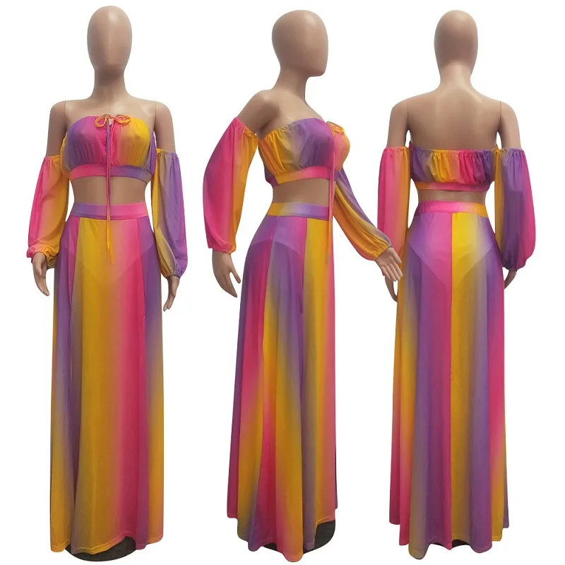 colorful1 Пляжная накидка из разноцветного шифона Купальник пляжное платье Для женщин, купальники, бикини, купальный костюм,-Ups пляжная одежда Туника пляж 2 шт./компл - Цвет: colorful1