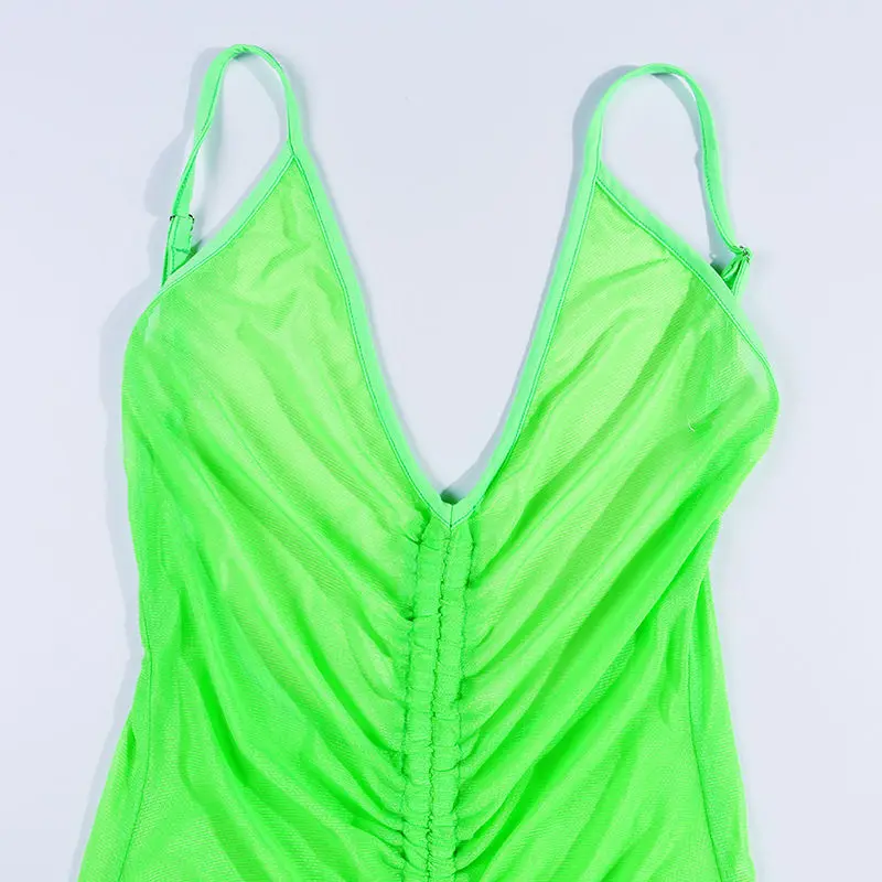 Neon Green Hot Mesh See Through Mini Dress 2020 Summer Women Sleeveless Sexy V Neck Backless Bandage Bodycon | Женская одежда