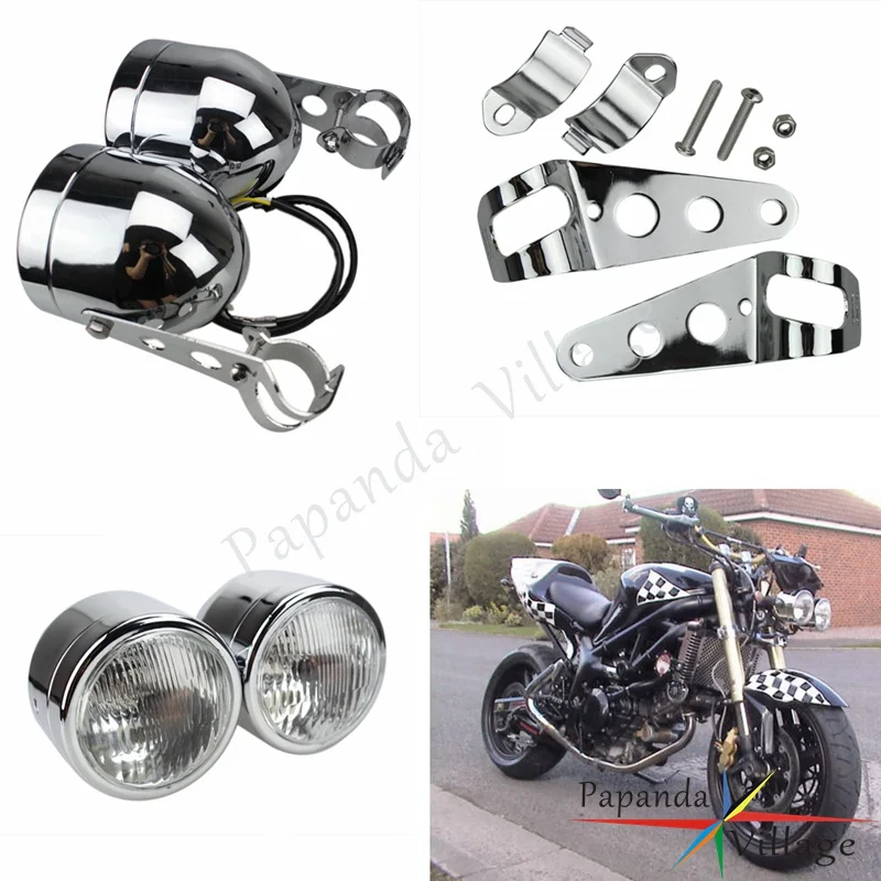 

Motorcycle Streetfighters Twin Headlight Double Head Lamp w/25-38mm Bracket for Honda Yamaha Suzuki Harley Dyna Bobber Chopper