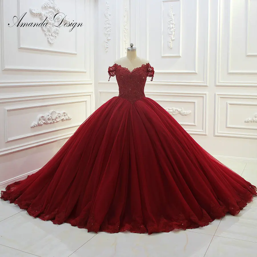 Аманда дизайн traje de novia с открытыми плечами короткий рукав кружева аппликация красное свадебное платье - Цвет: Красный