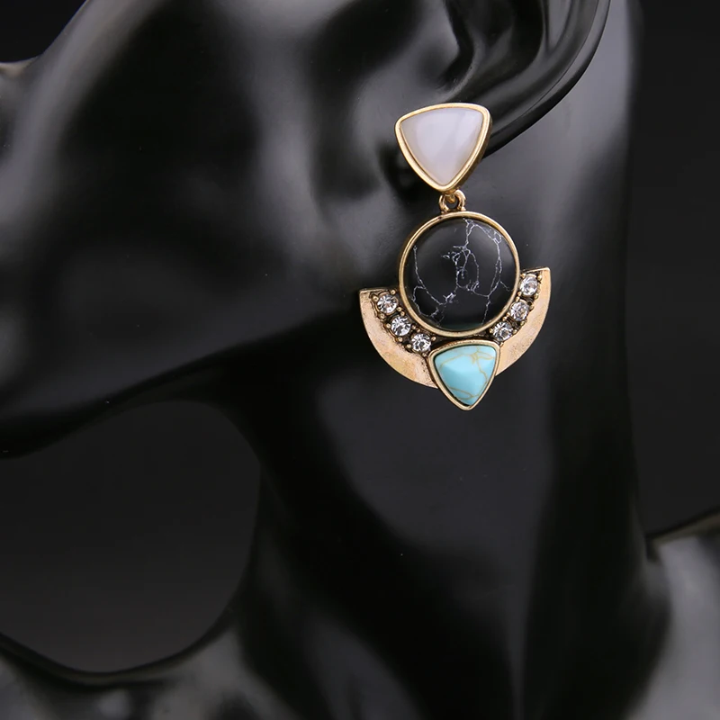 Antique Gold Color Patterned Synthetic Stone Black Earring Geometric Pendant Women Resin Vintage | Украшения и аксессуары