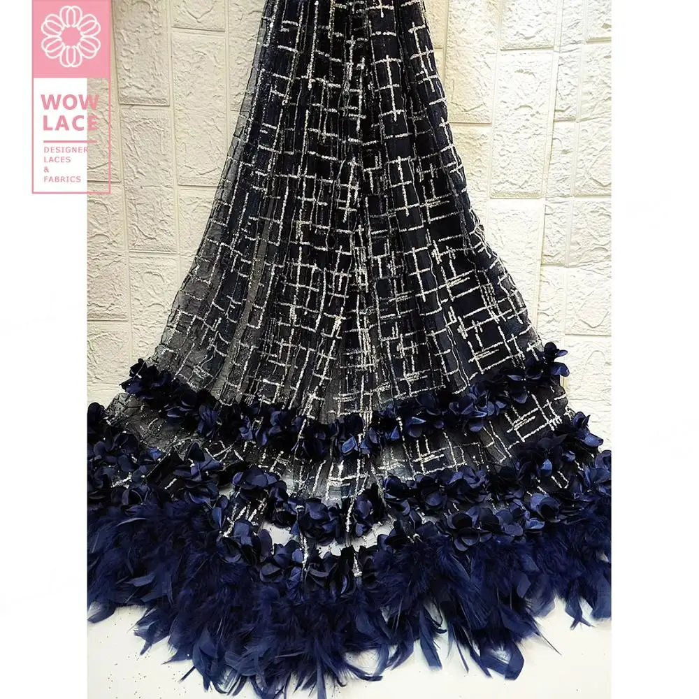 

Special Design 2019 3D Flower Applique Embroidery Lace Fabric Guipure Tulle Mesh 3D Feather Design Women Dresses Voile Material
