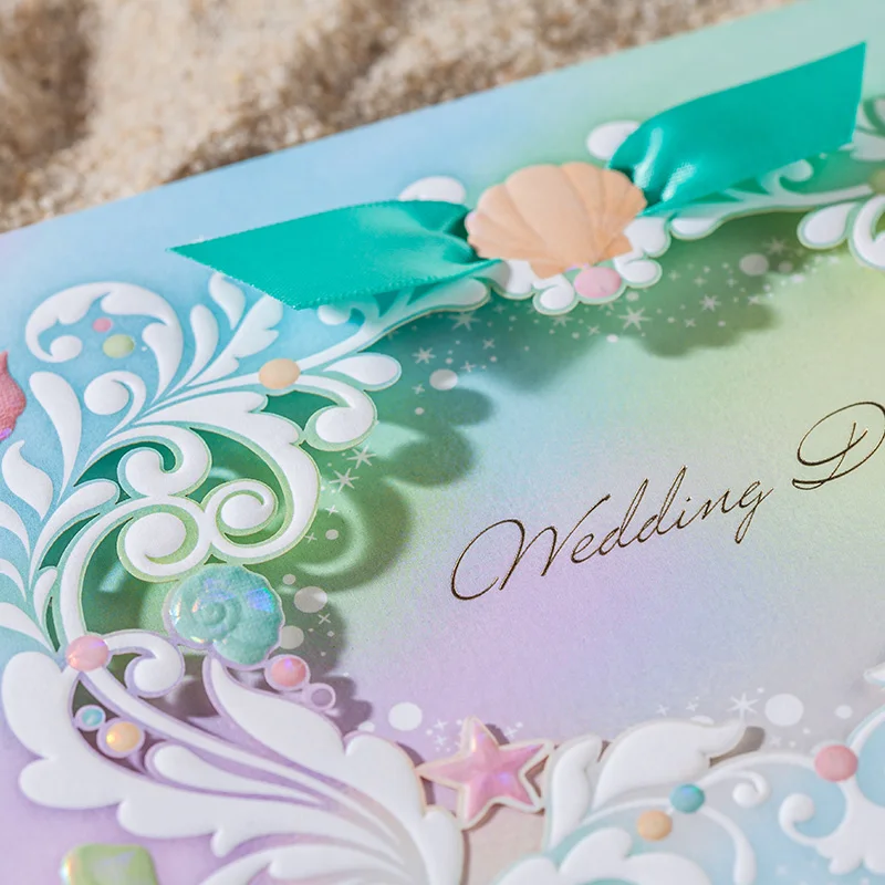 Лазерная резка пляж тематические голубой цвет Свадебное приглашение с лентой |