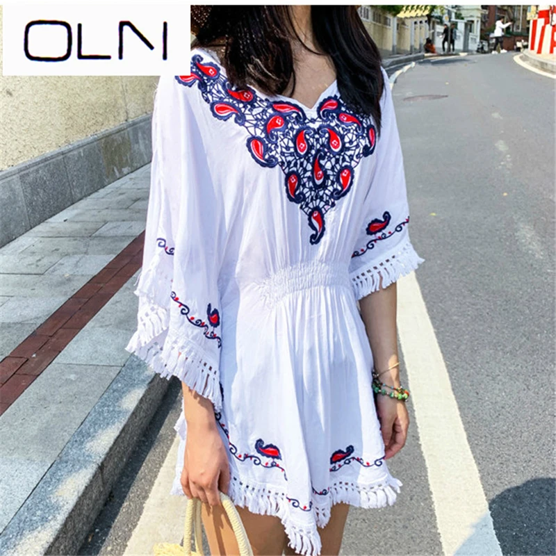 OLN 5XL Размер хлопковая блузка Туника Летняя мода Повседневная Вышивка блузки