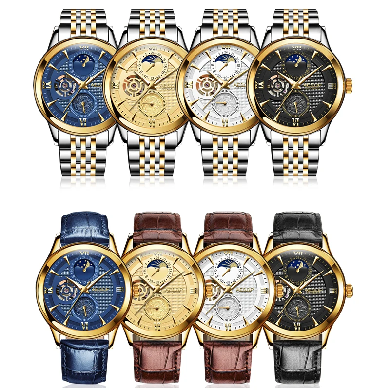 Часы AESOP Moon Phase Мужские автоматические механические модные золотые наручные часы