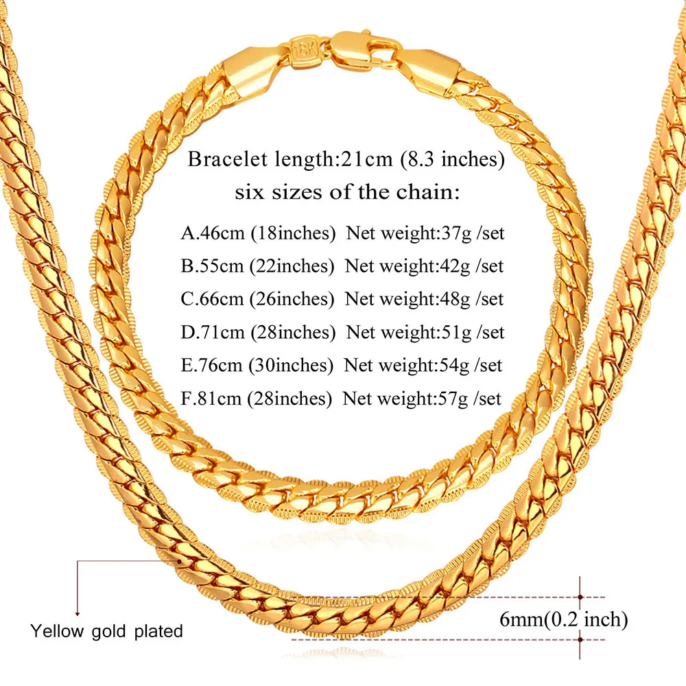 Kpop ожерелья браслеты набор для мужчин золотой цвет Высокое качество 5 мм 55 см 21
