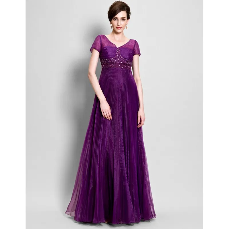 LAN TING BRIDE A-Line V Neck Floor Length Organza Mother of the Bride Dress with Beading Appliques Pleats Ruched | Свадьбы и