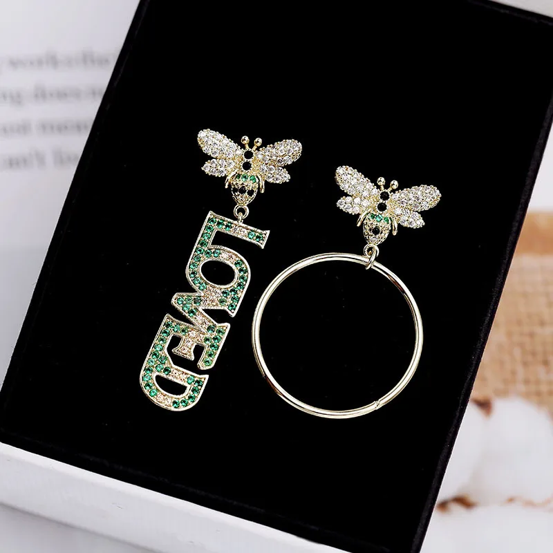 S925 Серебряные иглы Модные асимметричные серьги в виде пчел микро мозаика AAA+ Топ CZ Кристаллы круг/письмо кулон серьги для женщин