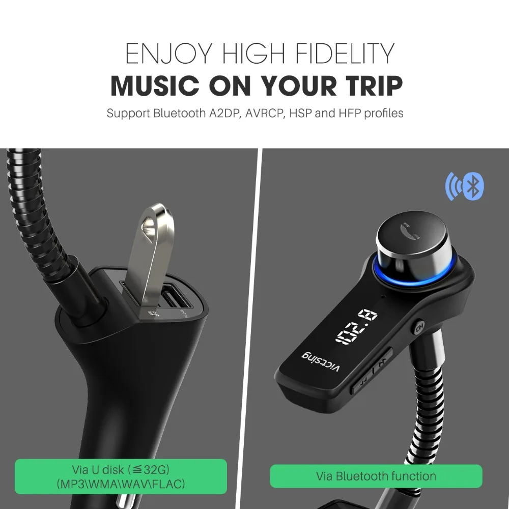 VicTsing беспроводной автомобильный комплект Hands Free вызов адаптер OLED экран HiFi стерео