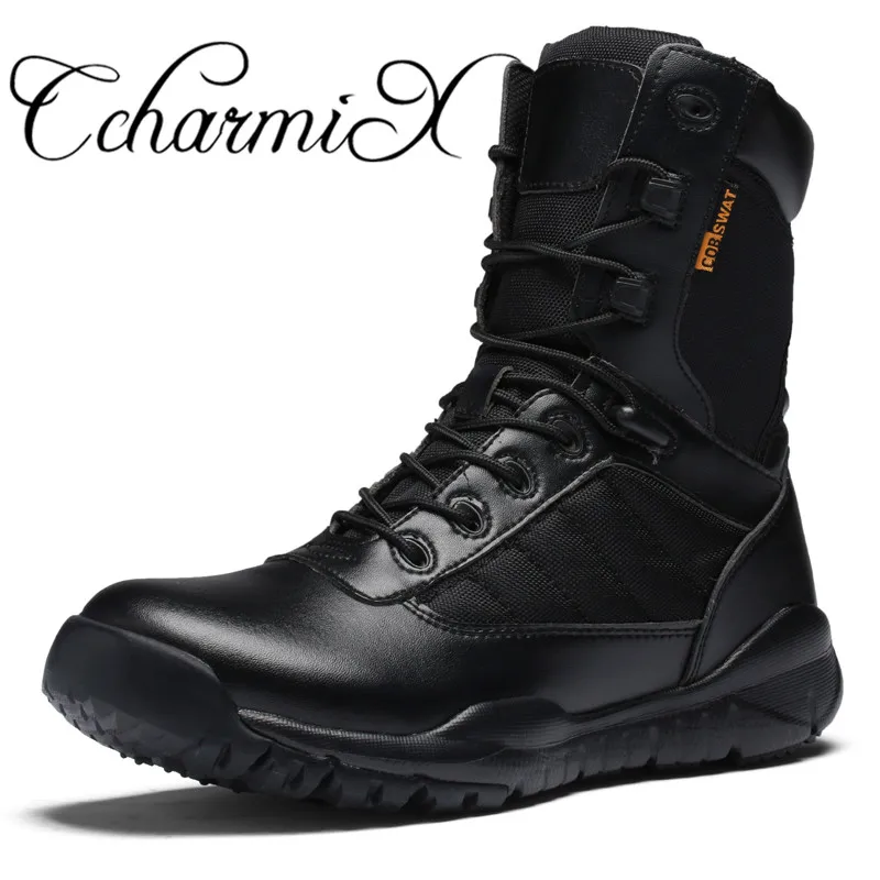 black CcharmiX/ботинки из натуральной кожи высокого качества на шнуровке; черные мужские ботинки; уличная Строительная Мужская Военная обувь; мужские тактические ботинки - Цвет: black