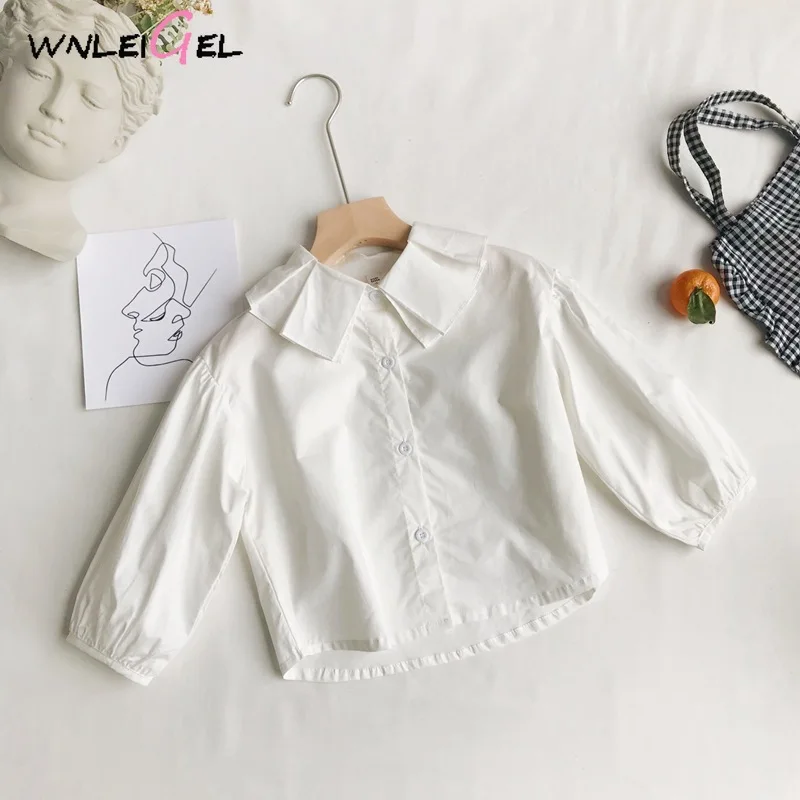 

Весенние блузки для девочек WLG, детские белые рубашки для девочек с круглым воротником и длинным рукавом, повседневные рубашки, Детская Хлоп...