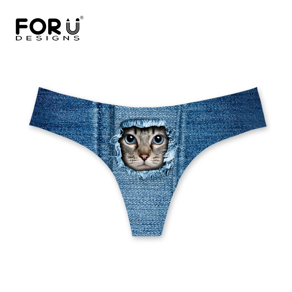 

Женское джинсовое нижнее белье FORUDESIGNS с милыми синими животными и кошками, сексуальное ультратонкое нижнее белье, стринги с заниженной тали...