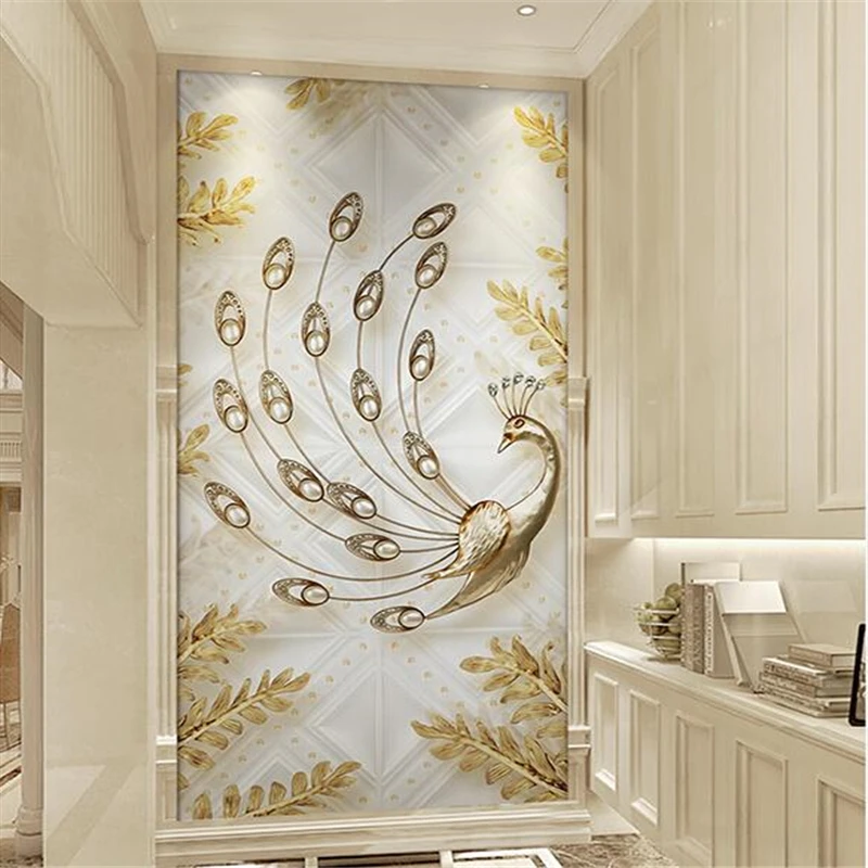 

Custom wallpaper 3d murals papel de parede soft bag golden leaves peacock jewelry 3d stereo porch partition mural 3d wallpaper