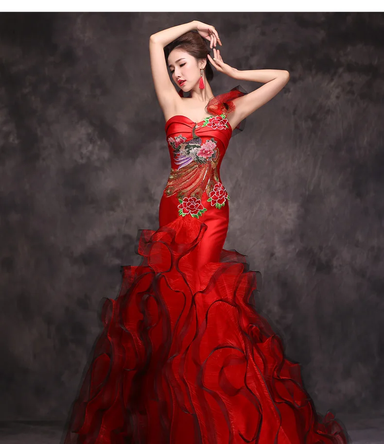 Красный женский китайский свадебный vestido женский сексуальный длинный Qi Pao рыбий хвост современный с новогодней елкой, бумажный платье для женщин Qipao