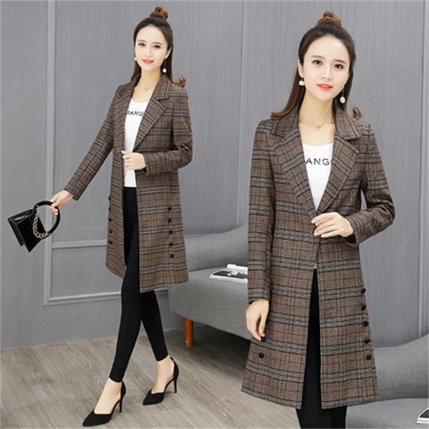 Plaid coat women long section of the Spring and Autumn new Korean version of the suit collar fashion coats of high-quality TB180