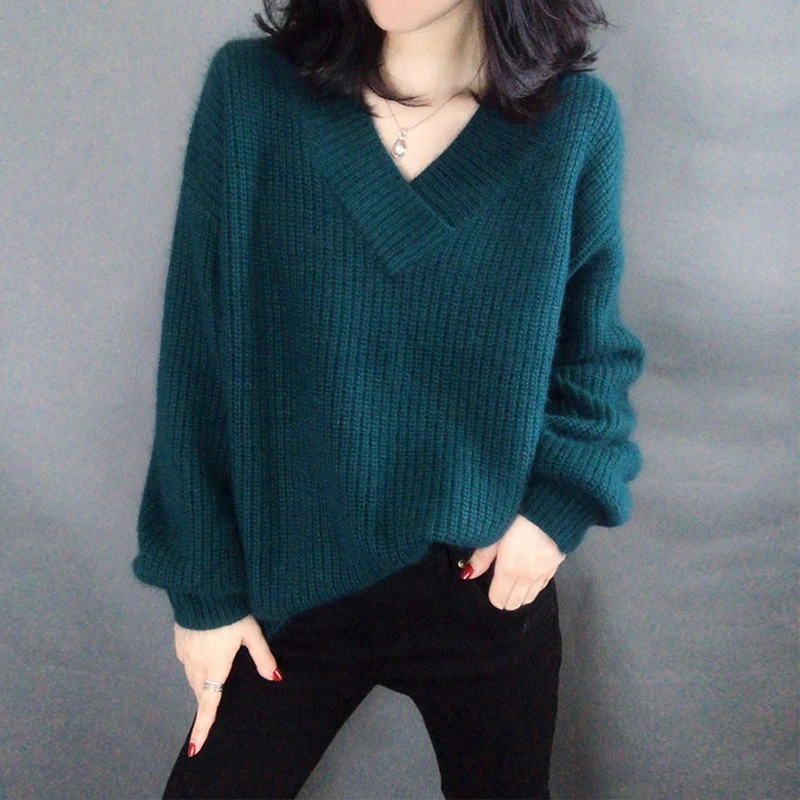 New 2020 Autumn Winter Casual Lantern Sleeves Cotton Sweater Women V-neck Pullovers Loose Knitted Bottoming One Size | Женская одежда