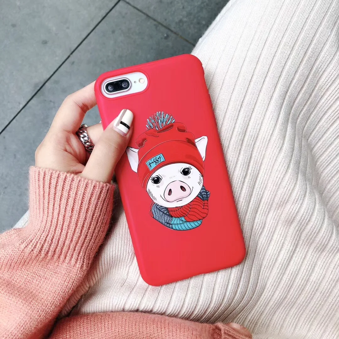 Модный красный чехол для iphone X 7 7plus милый мультяшный поросенок матовый мягкий