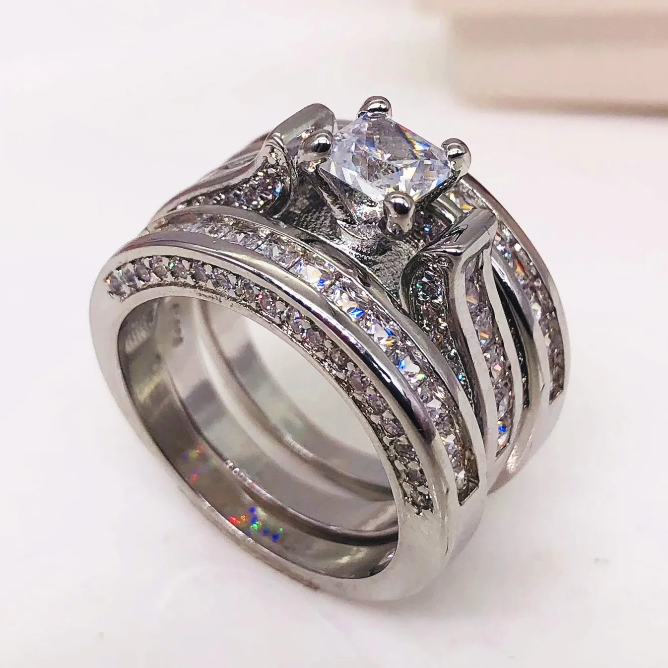 

Luxury New White CZ Zircon Wide finger Rings Set new luxury fashion Vintage Silver wedding 3pcs Engagement Ring sets for women