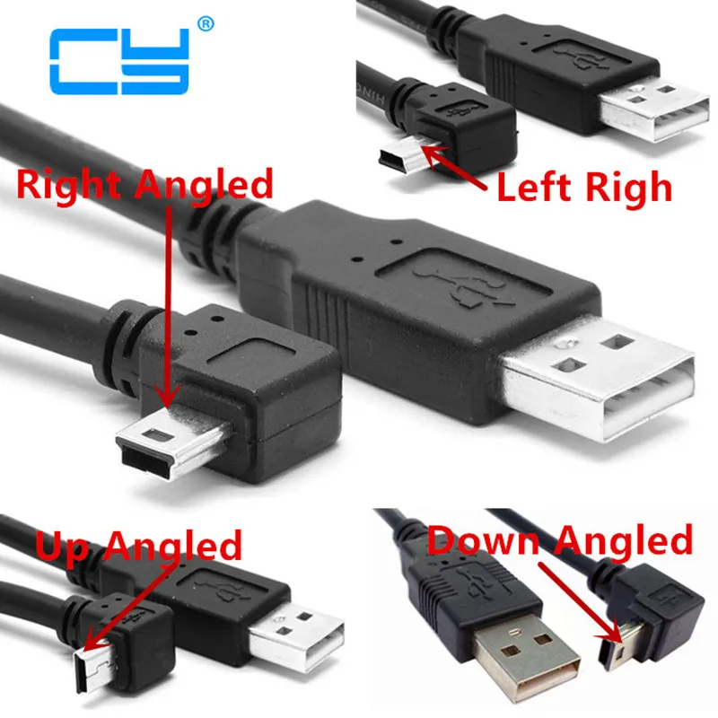 

USB 2,0 штекер для мини-usb B Тип 5pin 90 градусов вверх и вниз и влево и вправо Угловой Мужской кабель для передачи данных 0,25 м/0,5 м/1,8 м/5 м