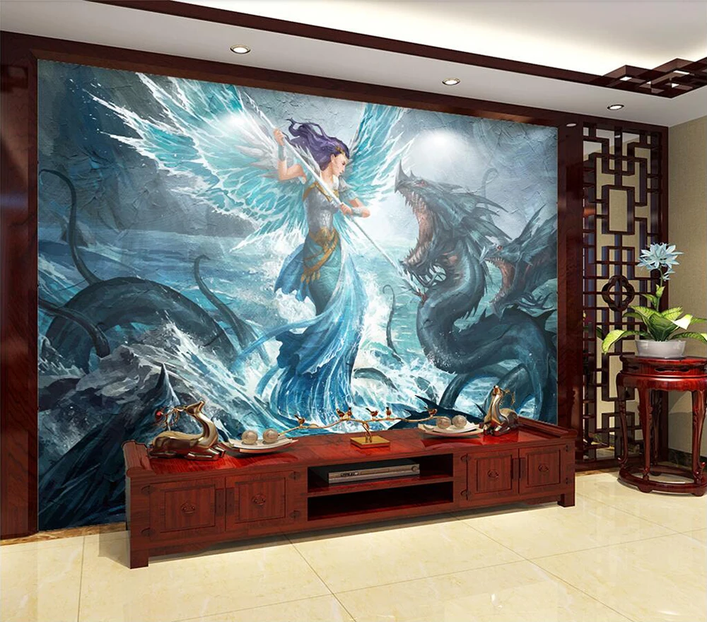 

Decorative wallpaper Hand painted angel battle dragon background wall painting