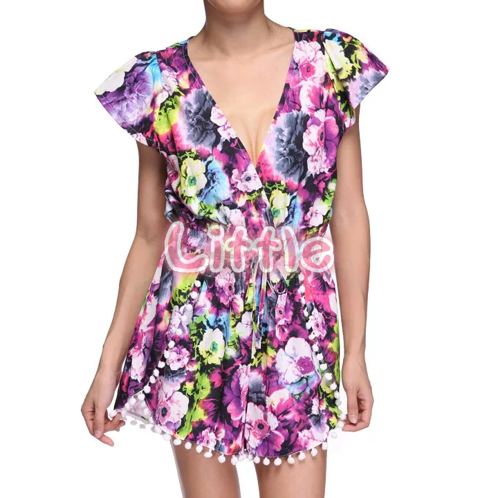 Hot Sale Rompers jumpsuit female 2014 Summer Sexy Short Jumpsuit Deep V neck With Small Ball Beach Playsuits B2# 41|jumpsuit pattern|jumpsuits