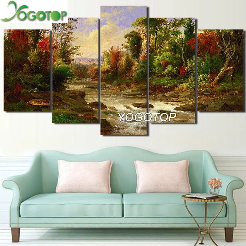 

Набор для алмазной живописи YOGOTOP DIY, полная вышивка, 5D квадратная/Круглая Мозаика, настенное искусство, потоки леса, природный пейзаж, 5 шт., ...