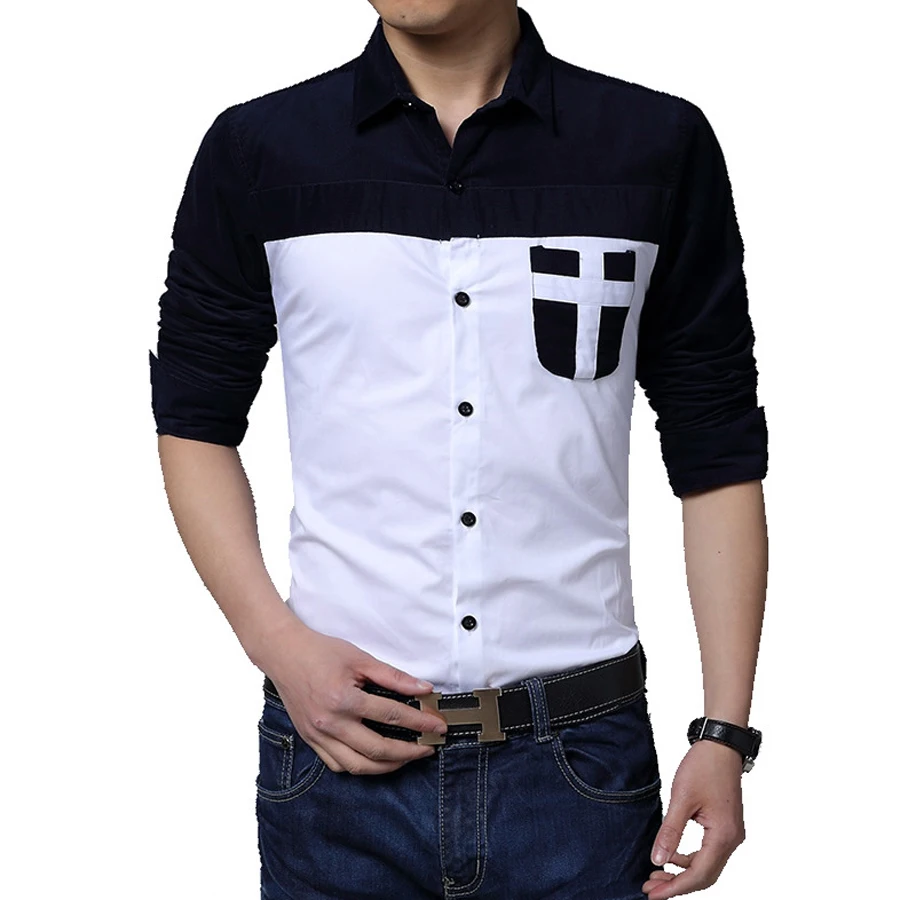 Горячие Мужчины С Длинными Рукавами Бизнес Рубашки Тонкий Лоскутное Однобортный