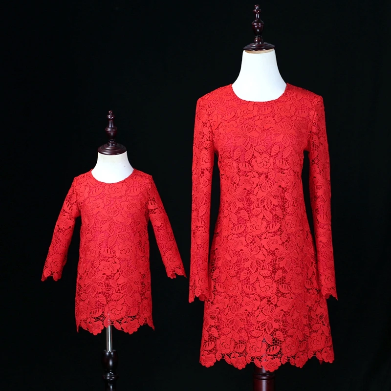 

Autumn Winter lace A-line dress family look clothes girl children fashion party dress matching mother and daughter formal dress